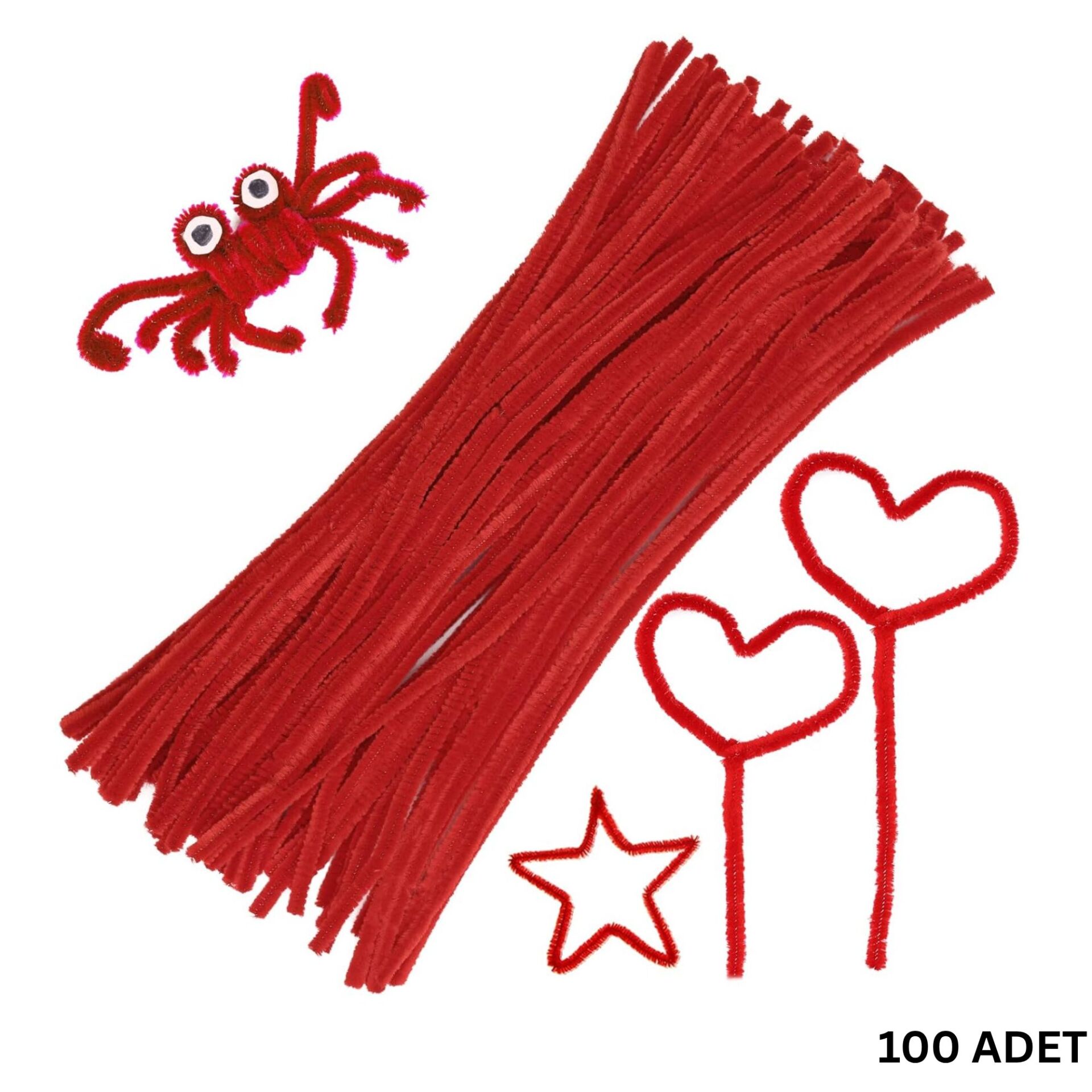 Şönil Tel Seti,  – El İşi, DIY, Hobi ve Çiçek Yapım Teli, Kırmızı, 100 Adet, 6 mm - 30 Cm