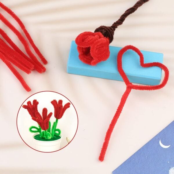 Şönil Tel Seti,  – El İşi, DIY, Hobi ve Çiçek Yapım Teli, Kırmızı, 100 Adet, 6 mm - 30 Cm