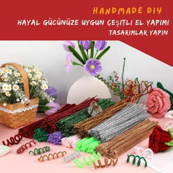 Şönil Tel Seti,  – El İşi, DIY, Hobi ve Çiçek Yapım Teli, Kırmızı, 100 Adet, 6 mm - 30 Cm