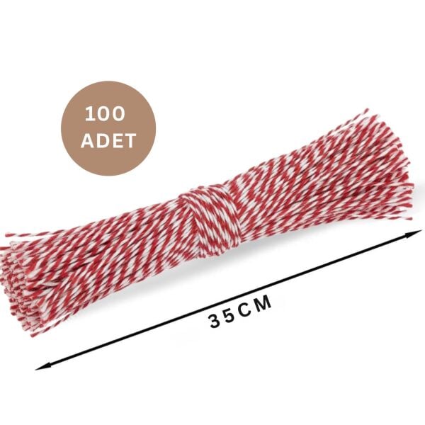 Kesilmiş Kırmızı Beyaz İp Seti, 100lü-35 Cm, Hediye Paketleme & Süsleme İpi, Etiket ve Ambalaj İpi