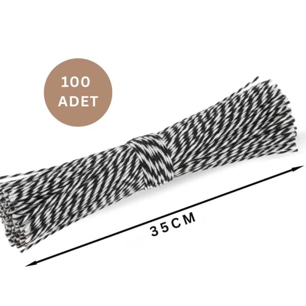 Kesilmiş Siyah Beyaz İp Seti, 100lü-35 Cm, Hediye Paketleme & Süsleme İpi, Etiket ve Ambalaj İpi