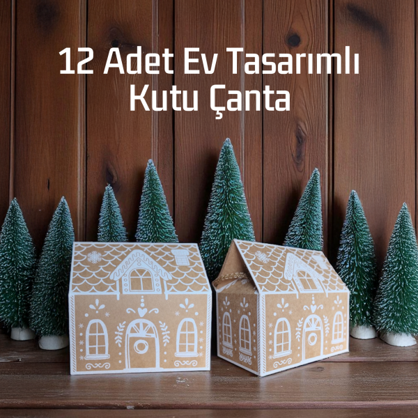 Yılbaşı Ev Tasarımlı Kutu Çanta, Dekoratif Yeniyıl, Düğün Hediye Çantası, Baskılı-12li, 9.5x14.5x15 Cm