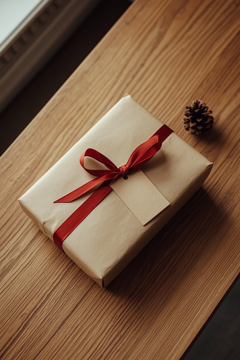 Kraft kağıtla paketlenmiş, kırmızı kadife kurdele, çam kozalağı, kırmızı meyveli çam dalı ve etiketle süslenmiş hediye kutusu