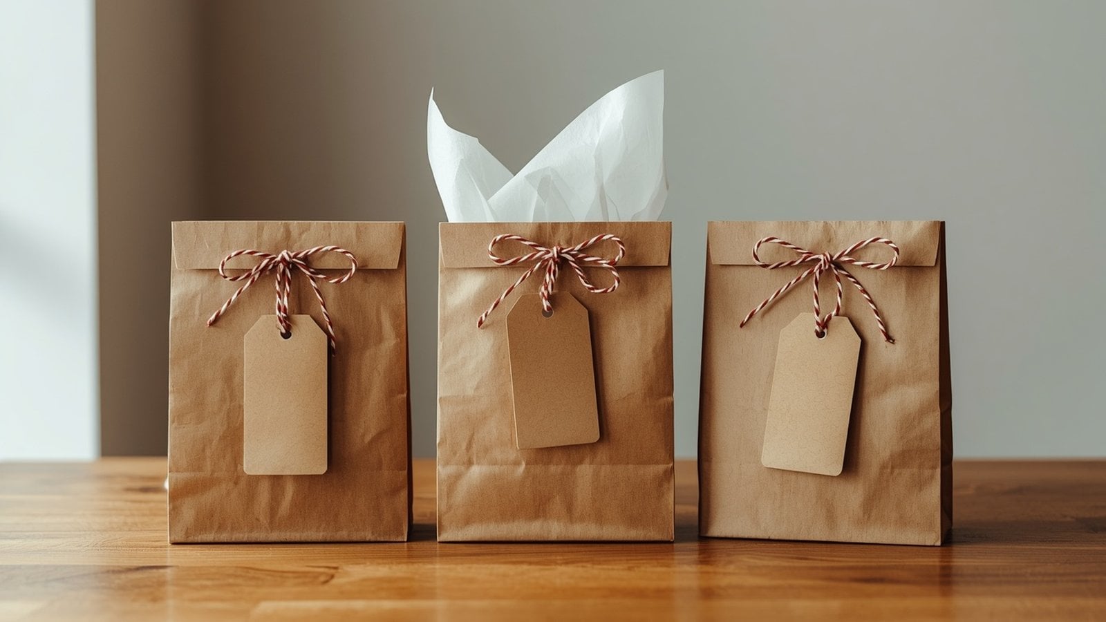 Twine iple bağlanmış, etiketli üç kraft kese kağıdı