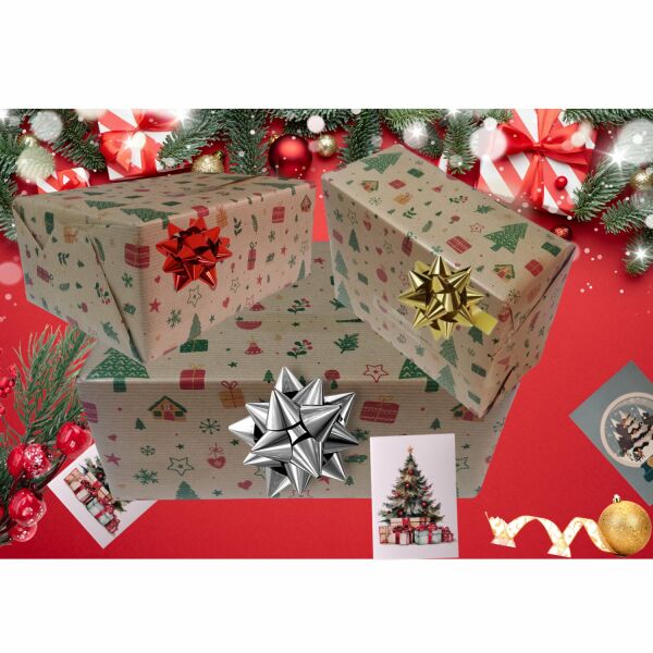 İtalyan Hediye Paketleme Kağıdı, Kraft Ev, Çam, Çiçek Desenli Ambalaj Kağıdı, No-745F, 70x200 Cm