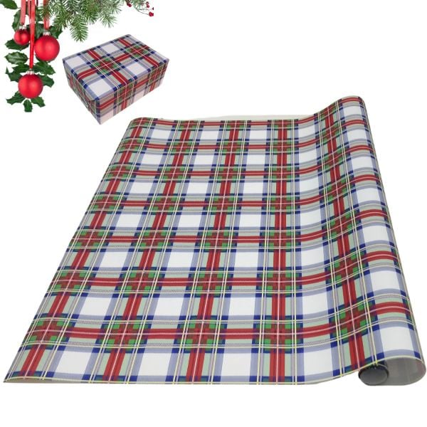 İtalyan Hediye Paketleme Kağıdı, Beyaz-Lacivert Ekose Ambalaj Kağıdı, No-089F, 70x200Cm