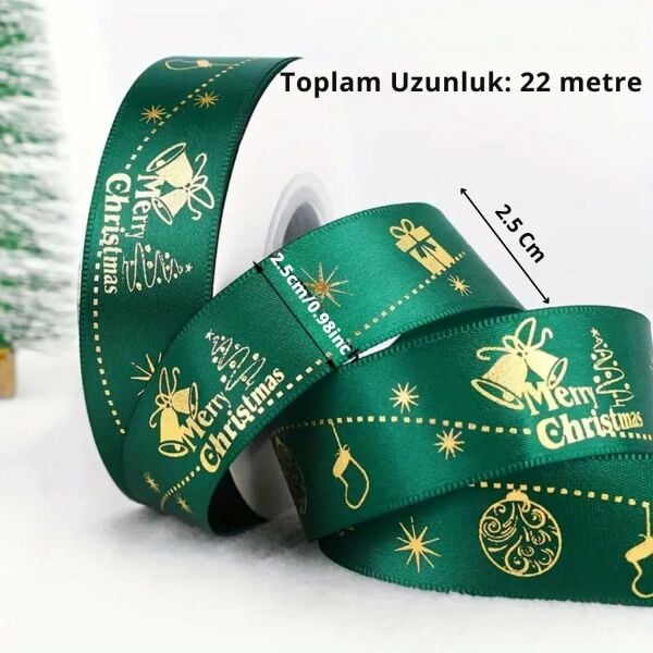 Yılbaşı Desenli Saten Kurdele, Yeniyıl Parti Hediye Paketleme Şeridi, Yeşil, 2.5 Cm - 22 Metre