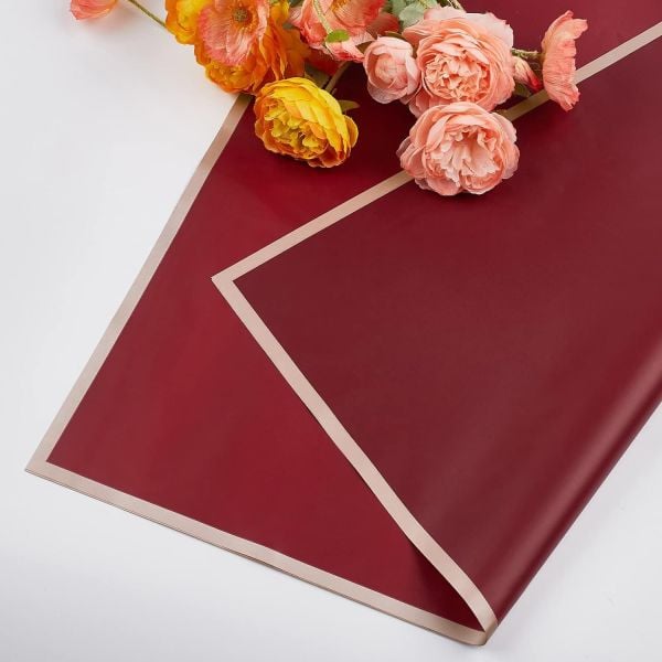 Çiçek Buket Kağıdı - Çiçek Ambalaj Kağıdı - Bordo - Altın Kenarlı - Mat Opp 58x58 Cm - 20 Adet