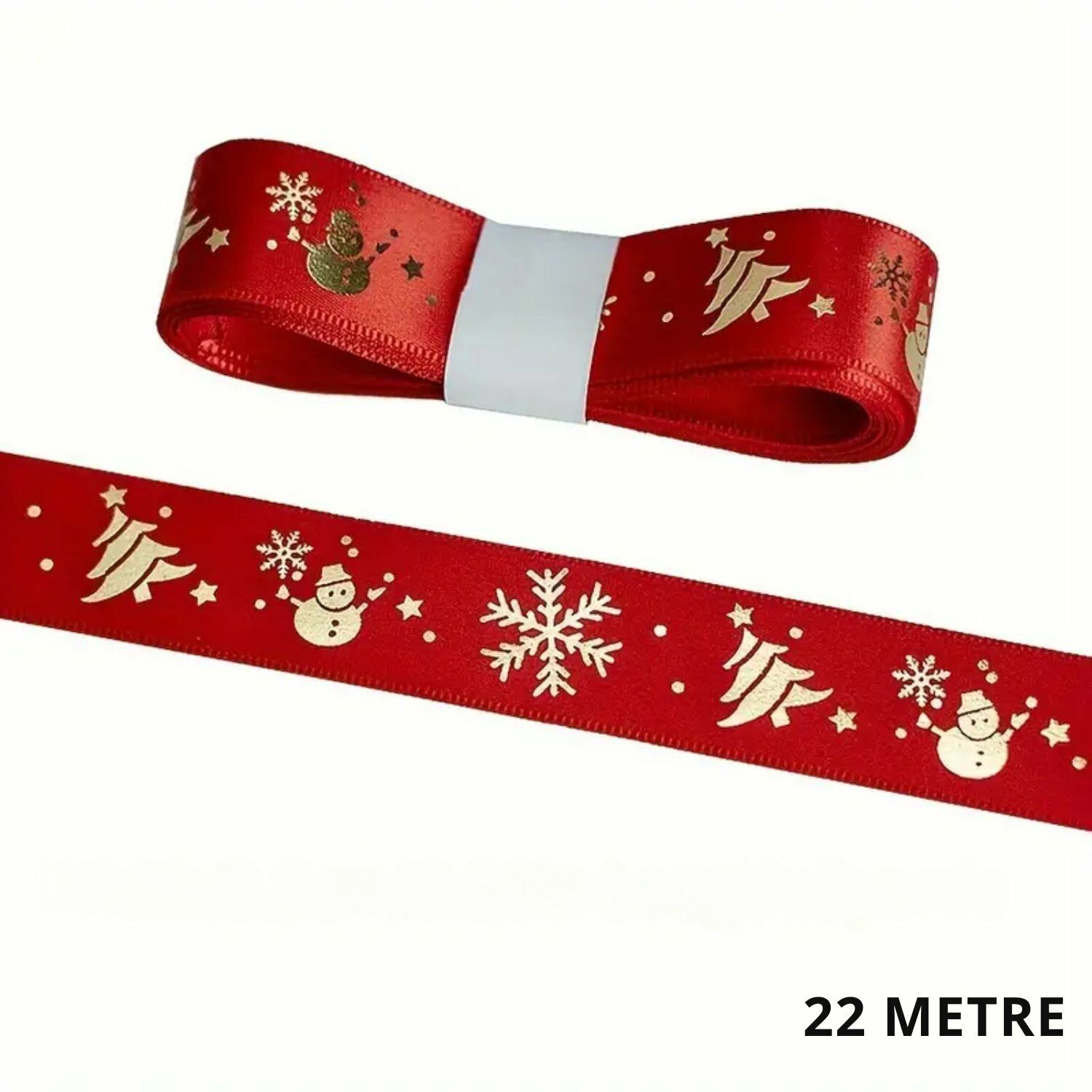 Yılbaşı Desenli Saten Kurdele, Yeniyıl Parti Hediye Paketleme Şeridi, Kırmızı, 2.5 Cm - 22 Metre