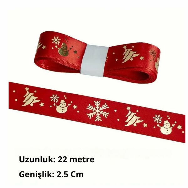 Yılbaşı Desenli Saten Kurdele, Yeniyıl Parti Hediye Paketleme Şeridi, Kırmızı, 2.5 Cm - 22 Metre