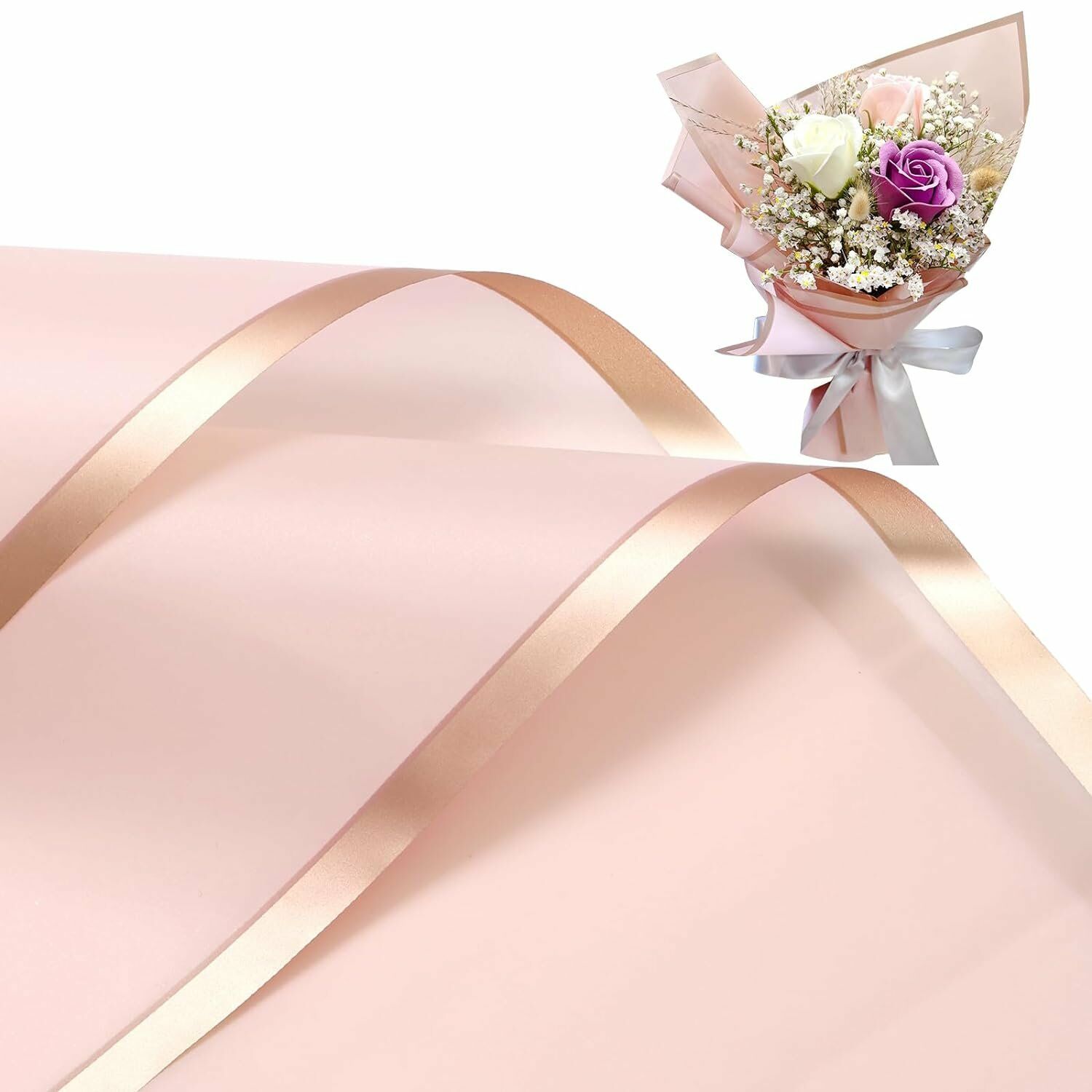 Çiçek Ambalaj Kağıdı - Pembe - Altın Kenarlı - Mat OPP 58x58 cm - 20 Adet