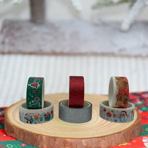6lı Yılbaşı Desenli Washi Tape & Kırmızı-Beyaz Simli Bant Seti, Noel Temalı Yapışkan Rulo, 15mm-2m