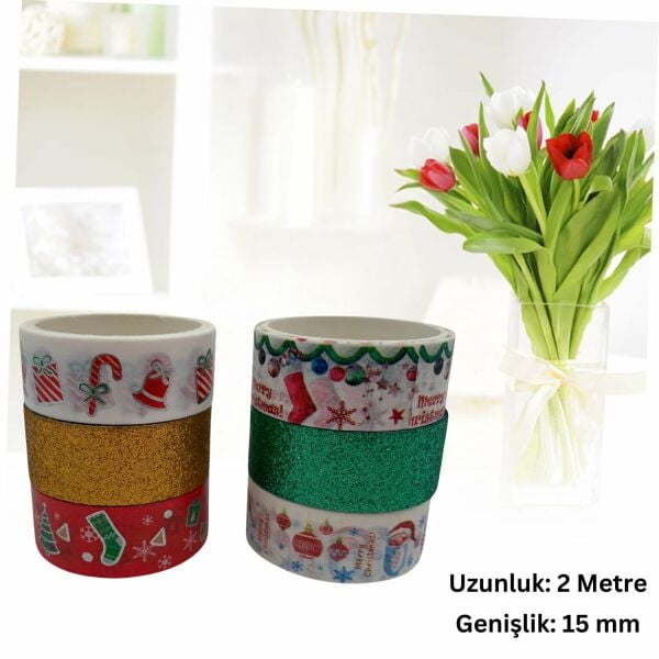 6lı Yılbaşı Desenli Washi Tape & Yeşil-Sarı Simli Bant Seti, Noel Temalı Yapışkan Rulo, 15mm-2m
