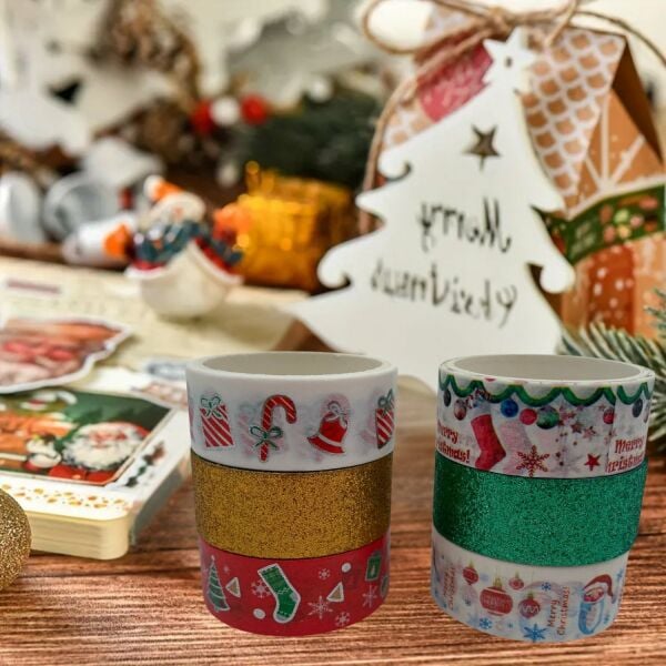 6lı Yılbaşı Desenli Washi Tape & Yeşil-Sarı Simli Bant Seti, Noel Temalı Yapışkan Rulo, 15mm-2m