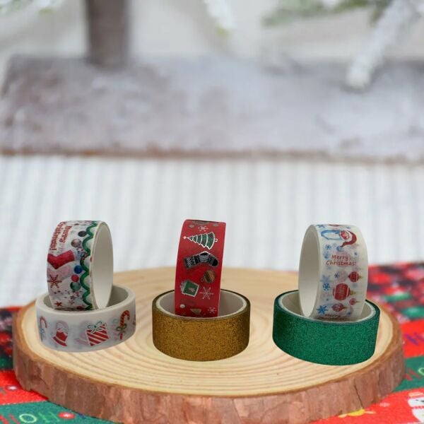 6lı Yılbaşı Desenli Washi Tape & Yeşil-Sarı Simli Bant Seti, Noel Temalı Yapışkan Rulo, 15mm-2m