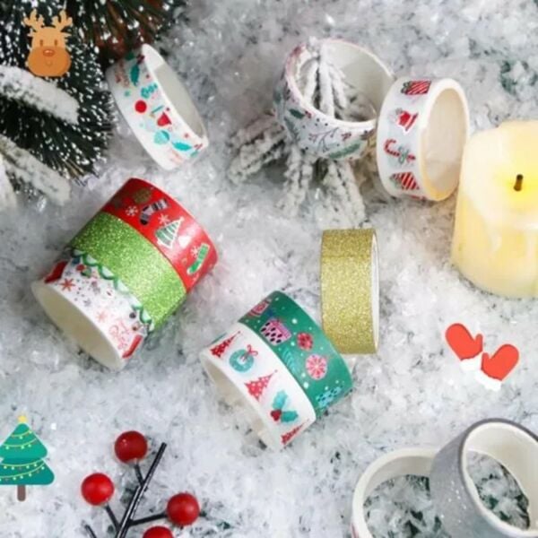 6lı Yılbaşı Desenli Washi Tape & Yeşil-Sarı Simli Bant Seti, Noel Temalı Yapışkan Rulo, 15mm-2m