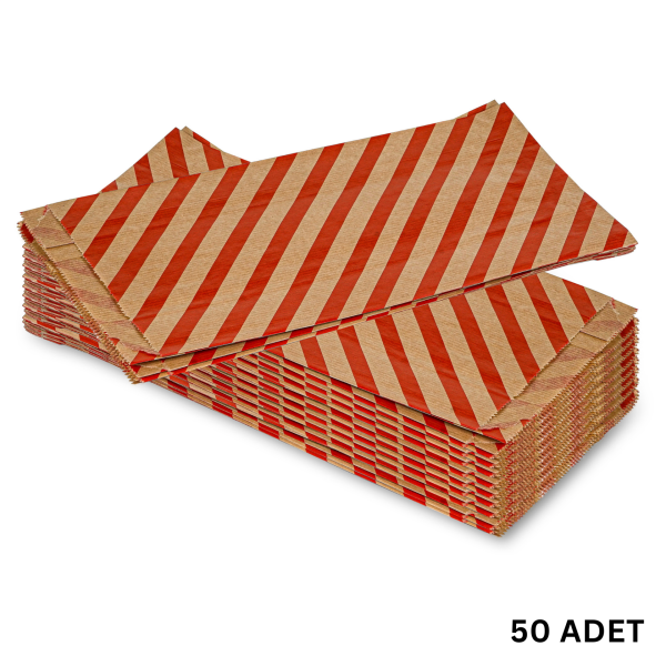 Körüklü Kraft Kese Kağıdı,  Kırmızı Verev Desenli Şamua Kağıt Poşet, Hediye Paketleme, Ambalaj Poşeti, Doğum Günü,ve  Sunum İçin İdeal 50 Adet