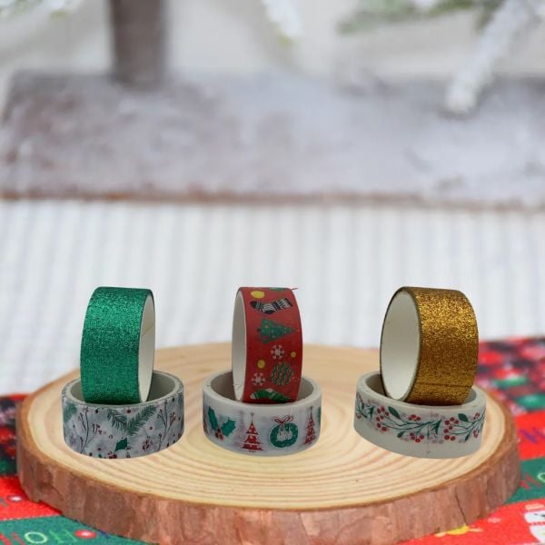 6lı Yılbaşı Desenli Washi Tape & Yeşil-Sarı Simli Bant Seti, Çiçek Yaprak Temalı Rulo Bandı, 15mm-2m