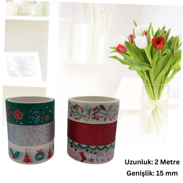 6lı Yılbaşı Desenli Washi Tape & Simli Bant Seti, Yeniyıl Çiçek Çam Temalı Yapışkan Rulo, 15mm-2m