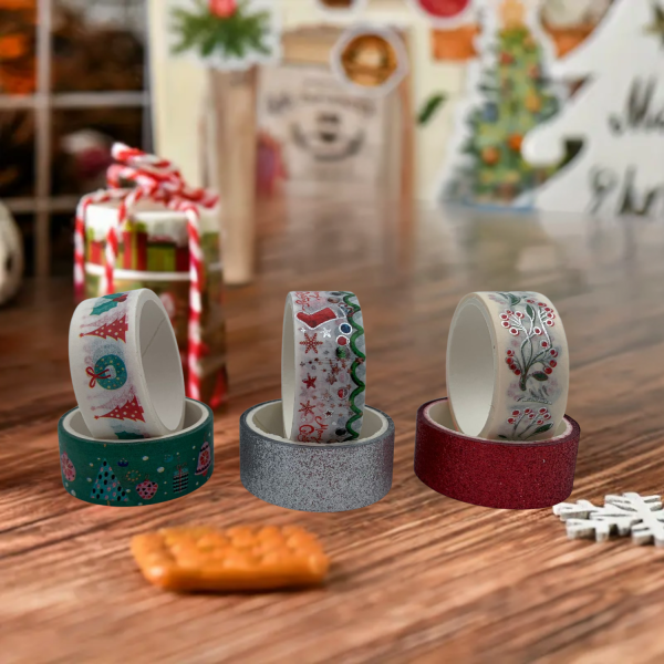 6lı Yılbaşı Desenli Washi Tape & Simli Bant Seti, Yeniyıl Çiçek Çam Temalı Yapışkan Rulo, 15mm-2m