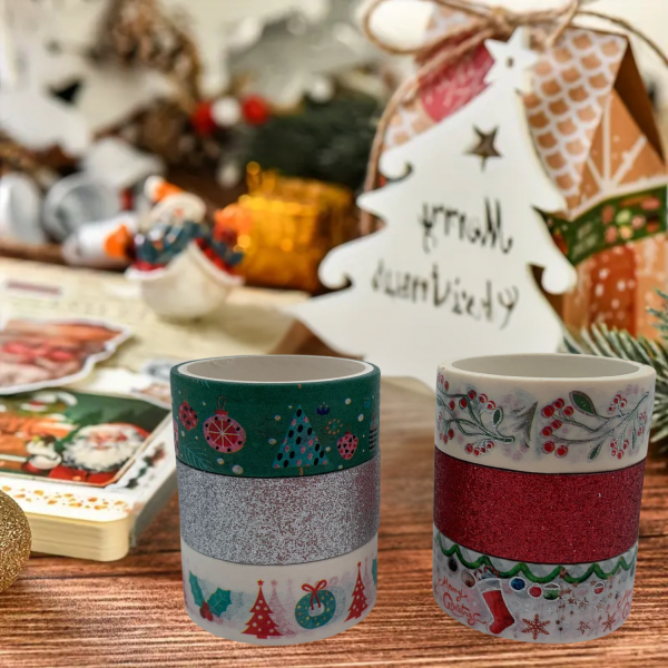 6lı Yılbaşı Desenli Washi Tape & Simli Bant Seti, Yeniyıl Çiçek Çam Temalı Yapışkan Rulo, 15mm-2m