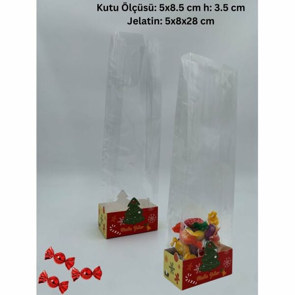 100 lü Kare Tabanlı OPP Jelatin (5x8x28cm) ve Yılbaşı Temalı Şekerleme Kutusu (5x8.5x3.5cm) Seti,