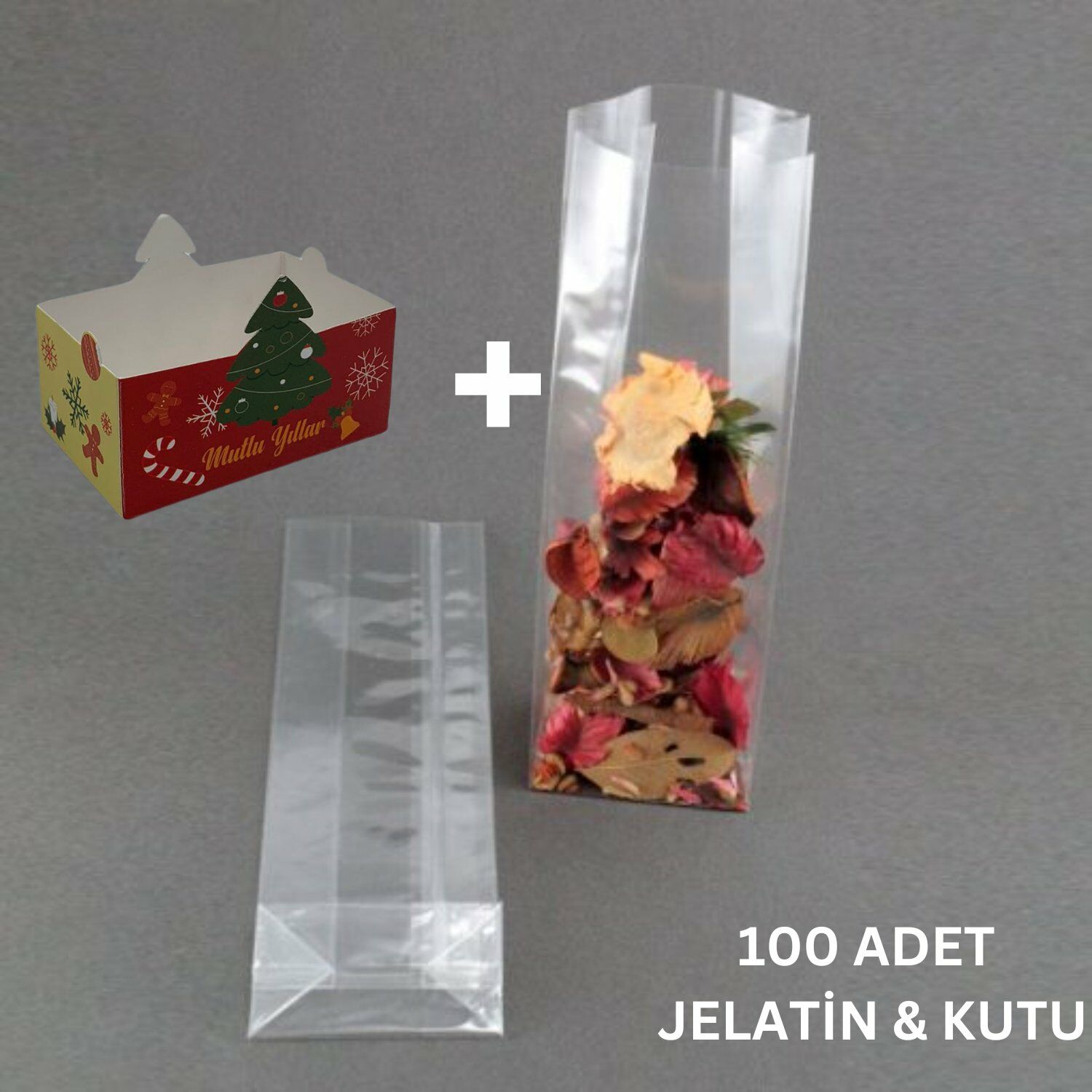 100 lü Kare Tabanlı OPP Jelatin (5x8x28cm) ve Yılbaşı Temalı Şekerleme Kutusu (5x8.5x3.5cm) Seti,