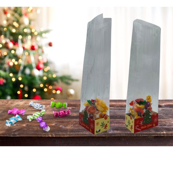100 lü Kare Tabanlı OPP Jelatin (5x8x28cm) ve Yılbaşı Temalı Şekerleme Kutusu (5x8.5x3.5cm) Seti,