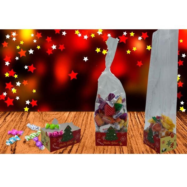 100 lü Kare Tabanlı OPP Jelatin (5x8x28cm) ve Yılbaşı Temalı Şekerleme Kutusu (5x8.5x3.5cm) Seti,