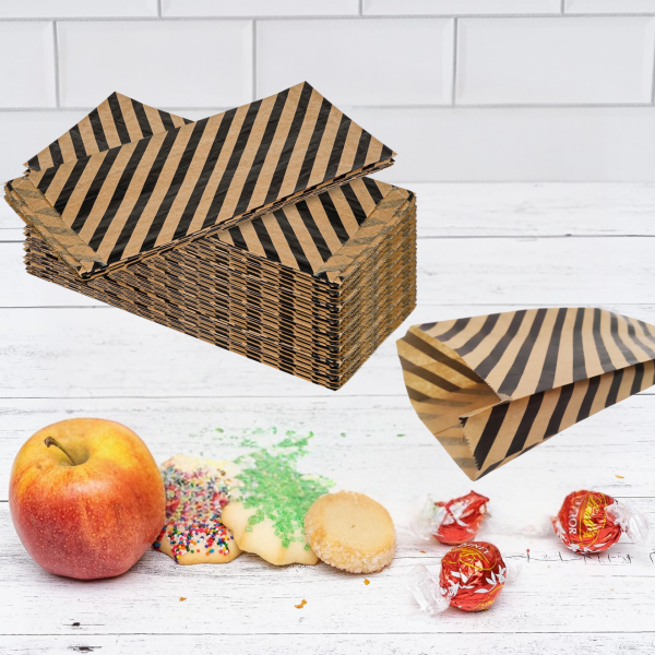Körüklü Kraft Kese Kağıdı,  Siyah Verev Desenli Şamua Kağıt Poşet, Hediye Paketleme, Ambalaj Poşeti, Doğum Günü,ve  Sunum İçin İdeal, 100 Adet