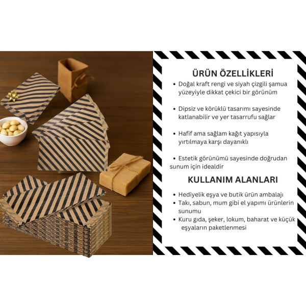 Körüklü Kraft Kese Kağıdı,  Siyah Verev Desenli Şamua Kağıt Poşet, Hediye Paketleme, Ambalaj Poşeti, Doğum Günü,ve  Sunum İçin İdeal, 100 Adet