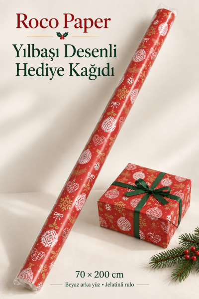 İtalyan Hediye Paketleme Kağıdı, Kalp, Top Desenli Ambalaj Kağıdı, Kırmızı, No:470B 70x200 Cm