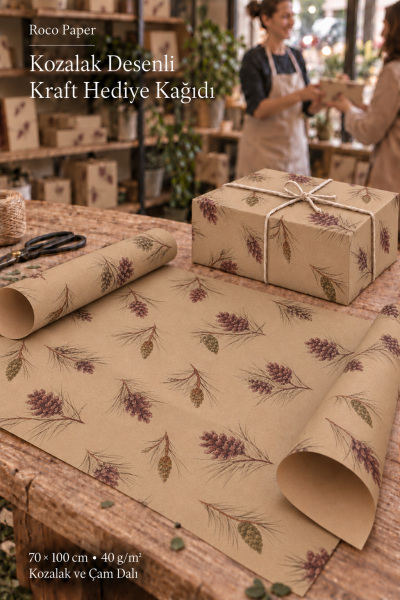 İtalyan Kraft Hediye Paketleme Kağıdı, Kozalak Desenli Paket Ambalaj Kağıdı, 25 Adet, No: 70x100 Cm