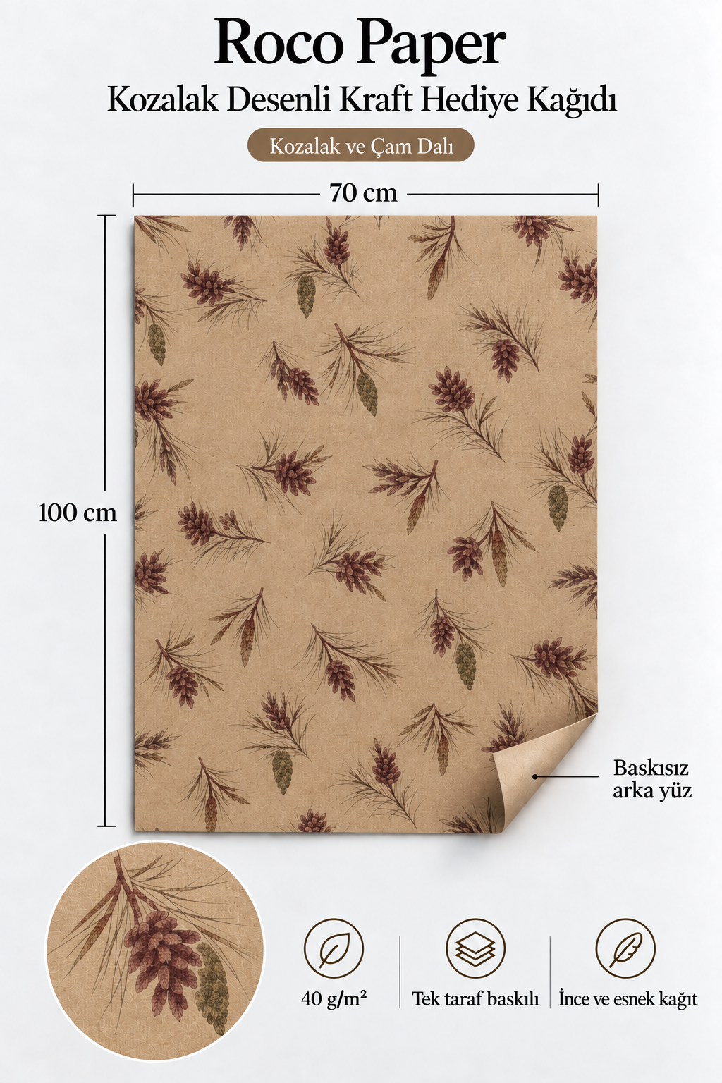 İtalyan Kraft Hediye Paketleme Kağıdı, Kozalak Desenli Paket Ambalaj Kağıdı, 25 Adet, No: 70x100 Cm