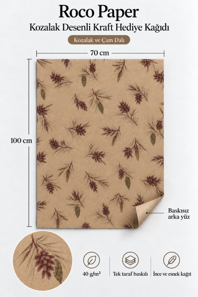 İtalyan Kraft Hediye Paketleme Kağıdı, Kozalak Desenli Paket Ambalaj Kağıdı, 25 Adet, No: 70x100 Cm