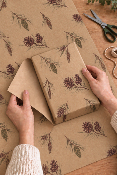 İtalyan Kraft Hediye Paketleme Kağıdı, Kozalak Desenli Paket Ambalaj Kağıdı, 25 Adet, No: 70x100 Cm