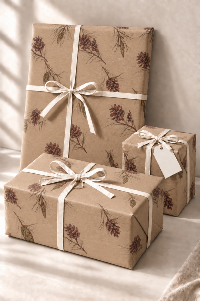 İtalyan Kraft Hediye Paketleme Kağıdı, Kozalak Desenli Paket Ambalaj Kağıdı, 25 Adet, No: 70x100 Cm