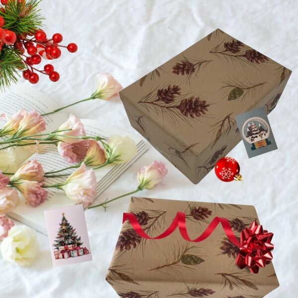 İtalyan Kraft Hediye Paketleme Kağıdı, Kozalak Desenli Paket Ambalaj Kağıdı, 25 Adet, No: 70x100 Cm