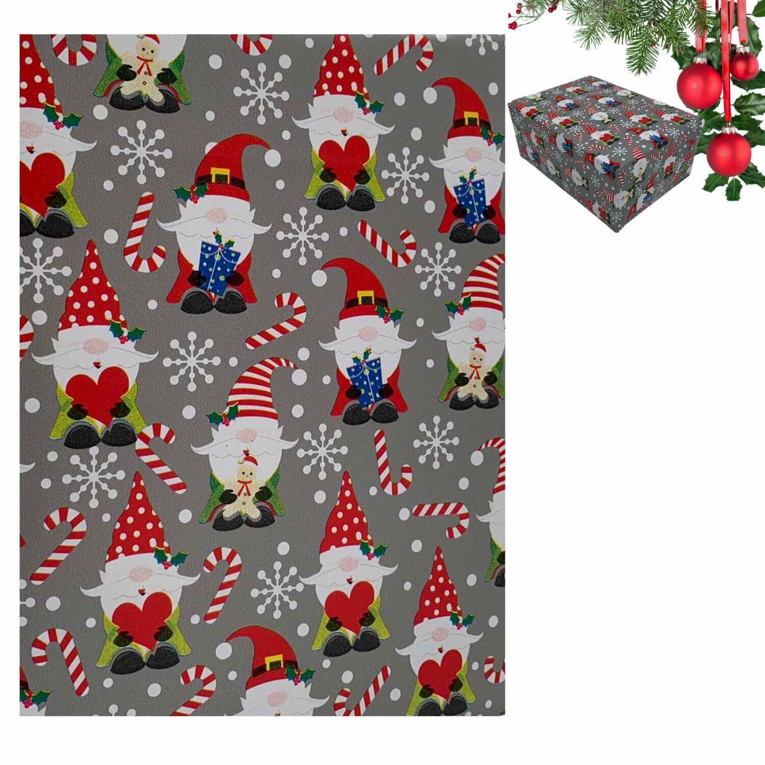 İtalyan Kuşe Hediye Paketleme Kağıdı, Cüce Noel Baba Desenli Ambalaj Kağıdı, 10 Adet, No: 70x100 Cm
