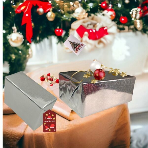 Hologramlı Kuşe Hediye Paketleme Kağıdı, Metalik Mat Ambalaj Kağıdı, 2li, Gümüş, 70x100 Cm