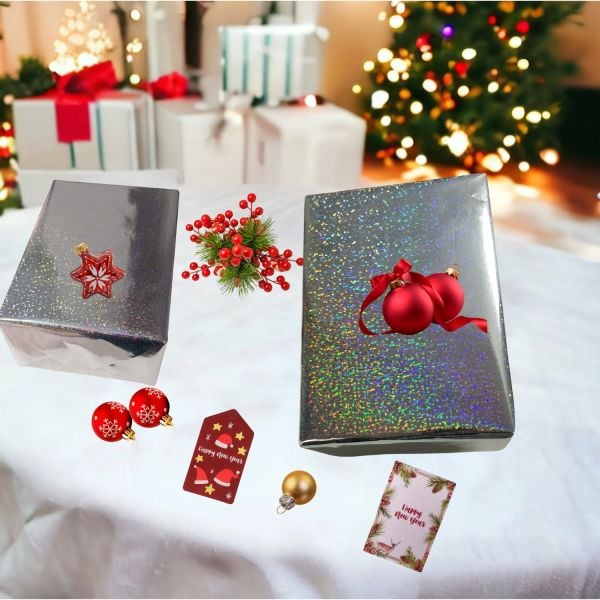 Hologramlı Kuşe Hediye Paketleme Kağıdı, Metalik Mat Ambalaj Kağıdı, 2li, Gümüş, 70x100 Cm
