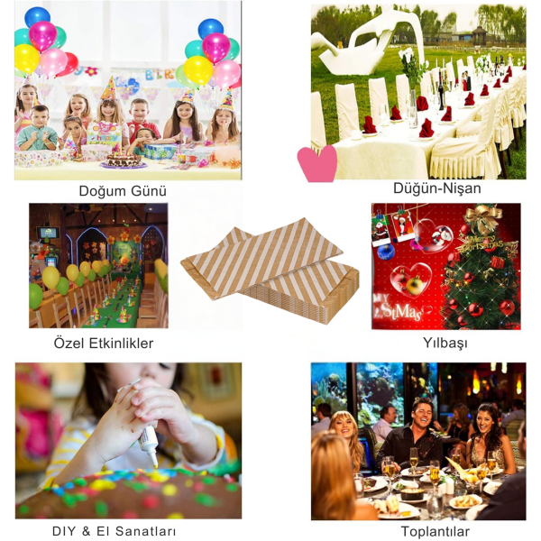 Körüklü Kraft Kese Kağıdı,  Beyaz Verev Desenli Şamua Kağıt Poşet, Hediye Paketleme, Ambalaj Poşeti, Doğum Günü,ve  Sunum İçin İdeal,15x33 Cm, 500 Adet