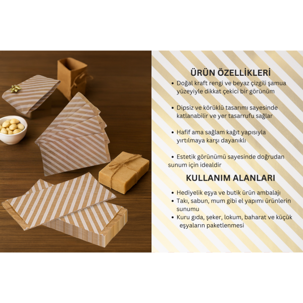 Körüklü Kraft Kese Kağıdı,  Beyaz Verev Desenli Şamua Kağıt Poşet, Hediye Paketleme, Ambalaj Poşeti, Doğum Günü,ve  Sunum İçin İdeal, 500 Adet