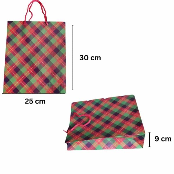 İpli Karton Hediye Çantası, Kırmızı Ekose Desenli Alışveriş Poşeti, 10 Adet, 25x30x9 Cm
