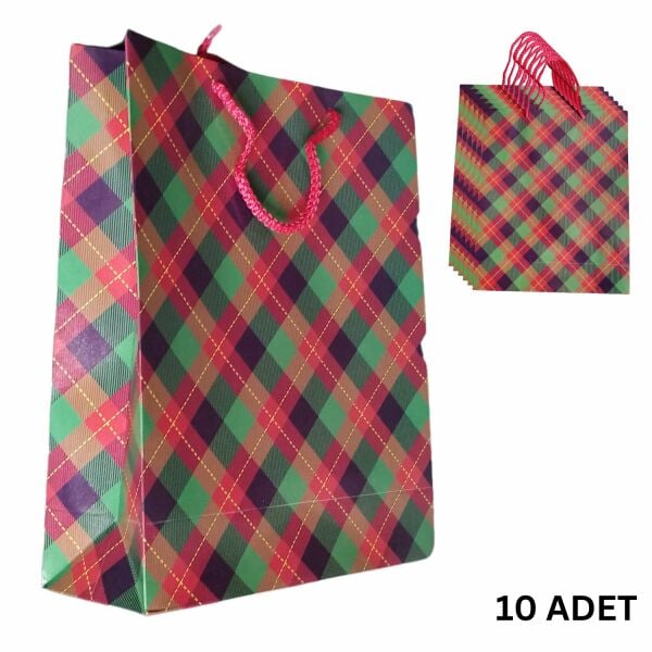 İpli Karton Hediye Çantası, Kırmızı Ekose Desenli Alışveriş Poşeti, 10 Adet, 25x30x9 Cm