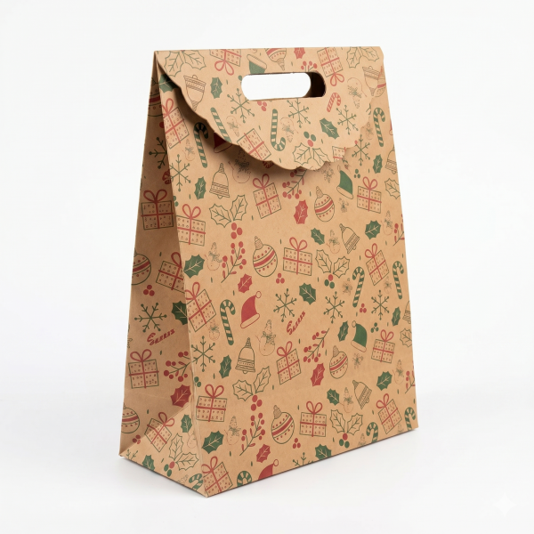 Yılbaşı Temalı El Geçmeli Kraft Hediye Çantası, Yeniyıl Alışveriş, Parti Kutusu,10 Adet, 25x32x12Cm