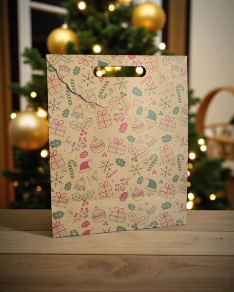 Yılbaşı Temalı El Geçmeli Kraft Hediye Çantası, Yeniyıl Alışveriş, Parti Kutusu,10 Adet, 25x32x12Cm