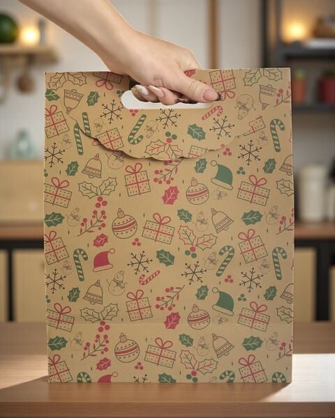 Yılbaşı Temalı El Geçmeli Kraft Hediye Çantası, Yeniyıl Alışveriş, Parti Kutusu,10 Adet, 25x32x12Cm