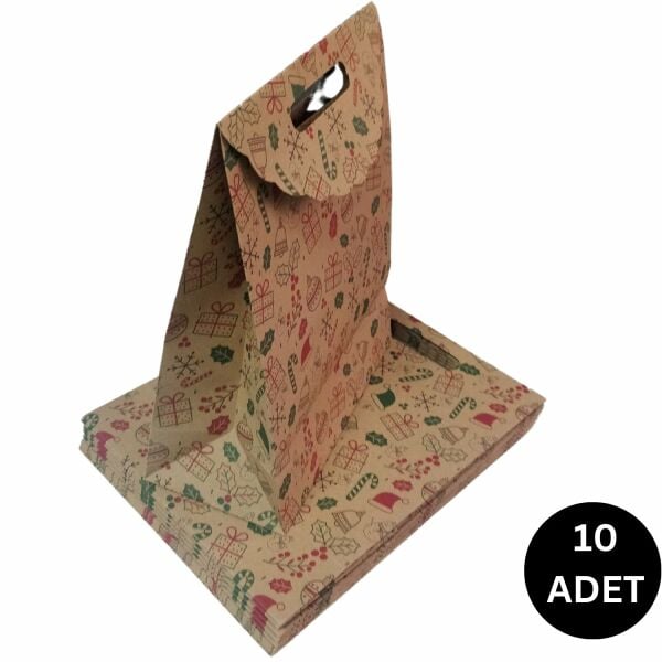 Yılbaşı Temalı El Geçmeli Kraft Hediye Çantası, Yeniyıl Alışveriş, Parti Kutusu,10 Adet, 25x32x12Cm