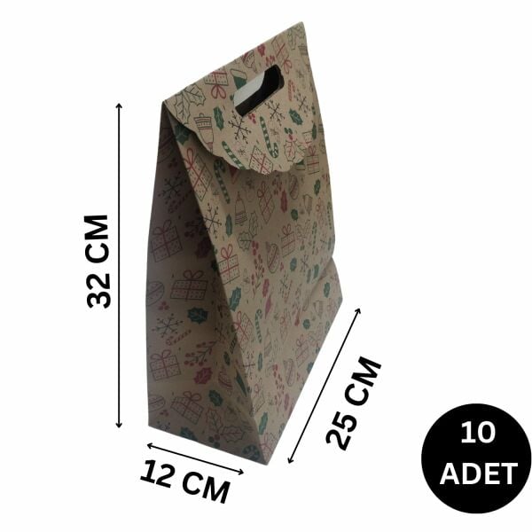 Yılbaşı Temalı El Geçmeli Kraft Hediye Çantası, Yeniyıl Alışveriş, Parti Kutusu,10 Adet, 25x32x12Cm